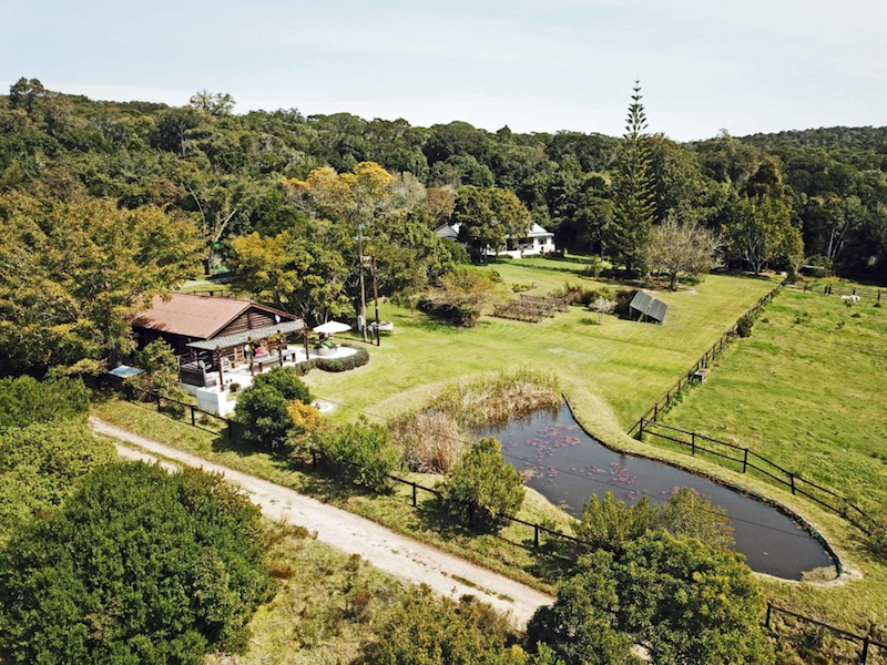 Overhead view of barn and dam